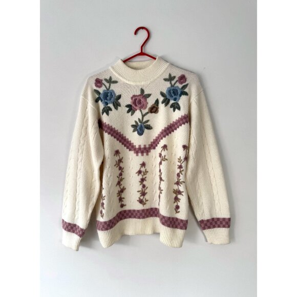 80s vintage cream floral embroidered grandma mock neck cable knit sweater - Picture 7 of 7